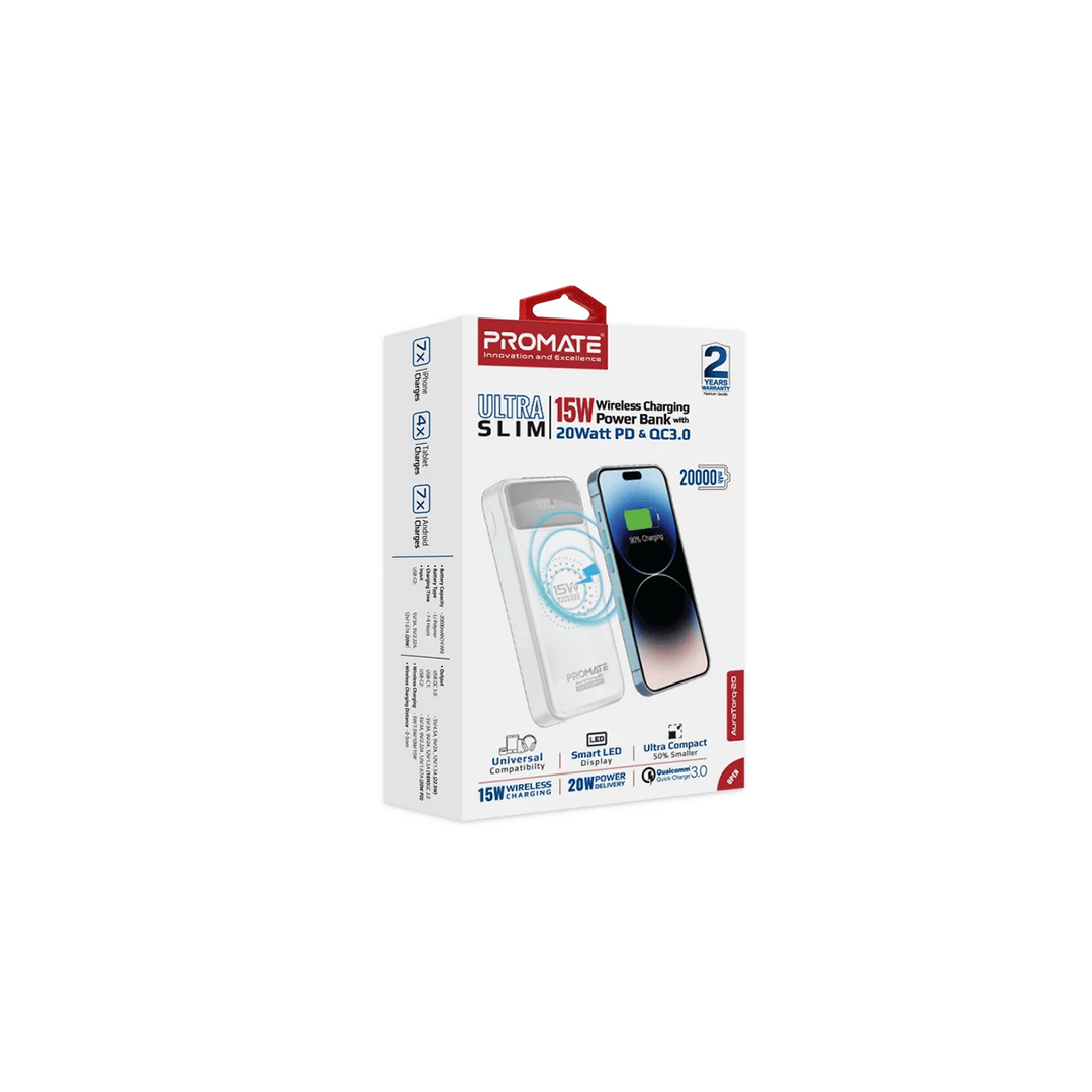 Promate AuraTorq-20 Ultra Slim 15W 20000mAh Wireless Charging Power Bank with 20Watt PD & QC3.0 - White in Qatar Promate AuraTorq-20 Ultra Slim 15W 20000mAh Wireless Charging Power Bank with 20Watt PD & QC3.0 - White in Qatar